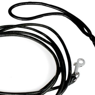 Runt läderkoppel med karbinhake i krom, svart, 140 cm x 5 mm